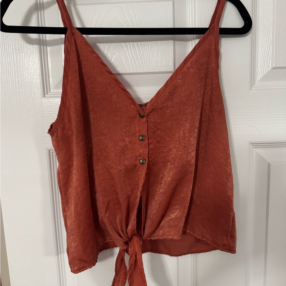 Rust Orange Button-Front Tie Women’s Top
